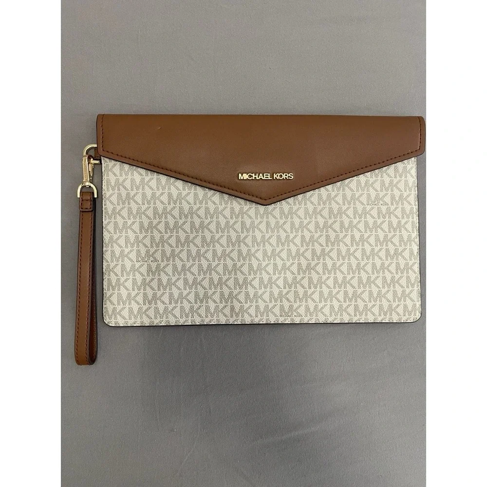 Michael Kors Maisie Signature Monogram Envelope Wristlet Clutch Vanilla Brown